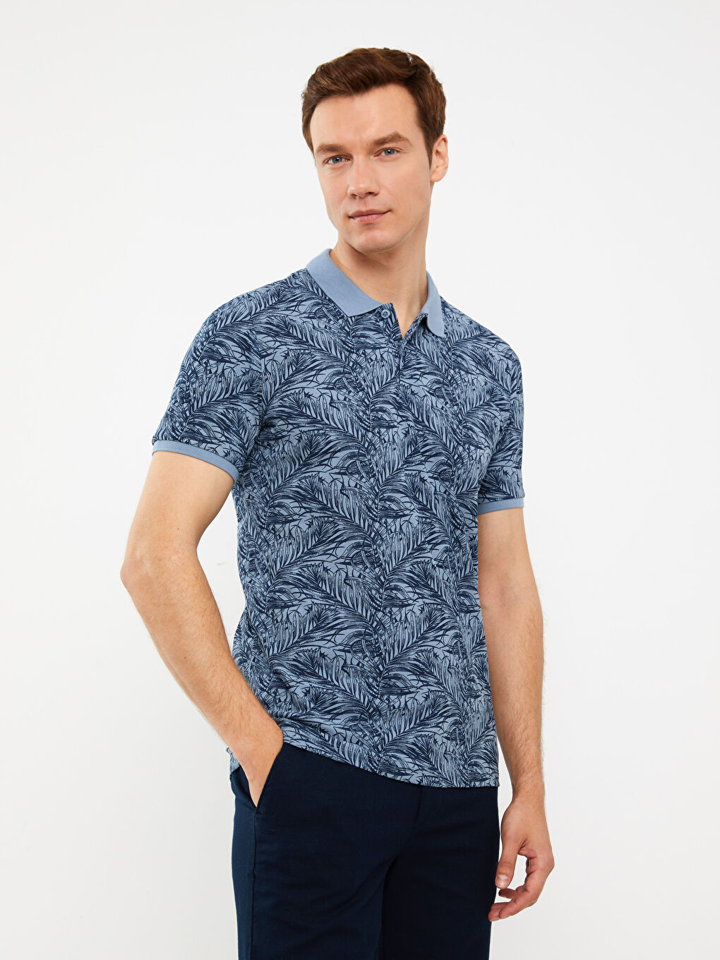 Lacivert Polo Yaka Kısa Kollu Desenli Pike Erkek Tişört-1