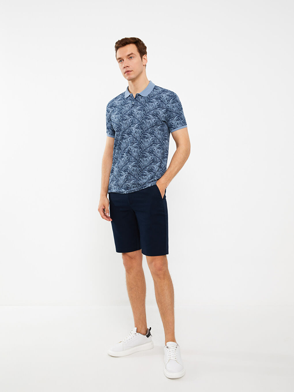 Lacivert Polo Yaka Kısa Kollu Desenli Pike Erkek Tişört-2