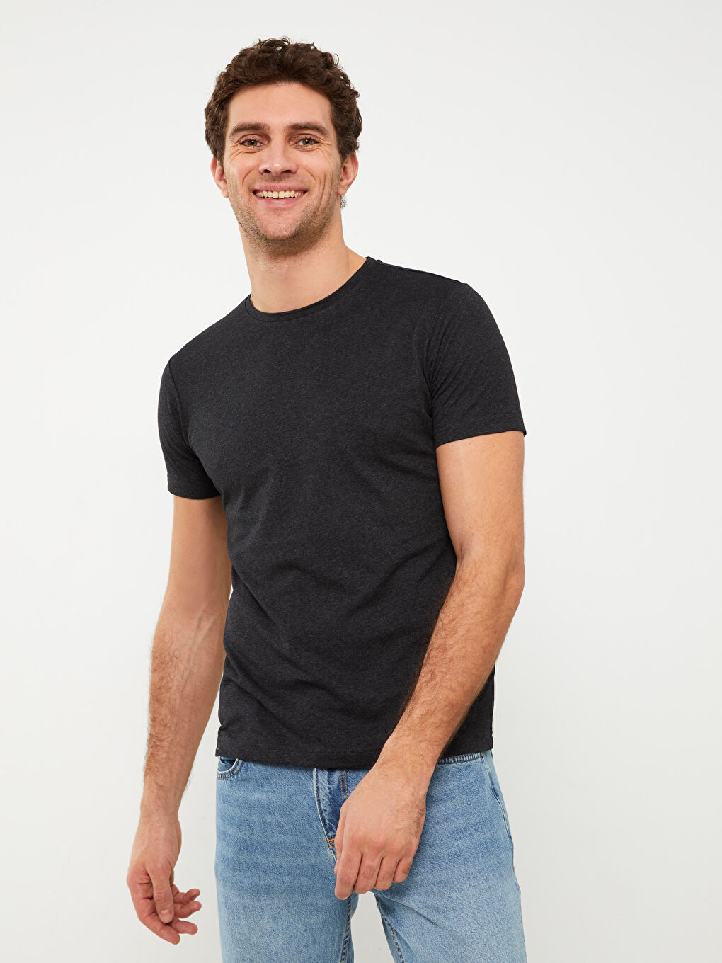 Antrasit Bisiklet Yaka Penye Erkek Tişört-1