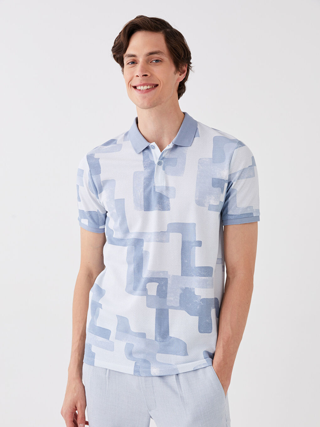 Mavi Polo Yaka Kısa Kollu Desenli Pike Erkek Tişört