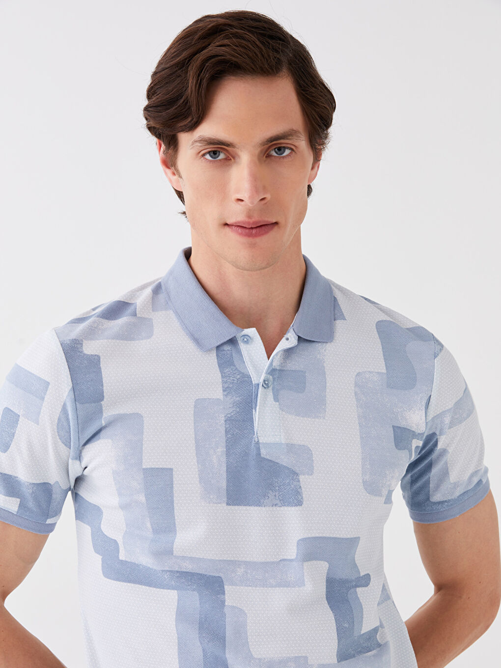 Mavi Polo Yaka Kısa Kollu Desenli Pike Erkek Tişört-1