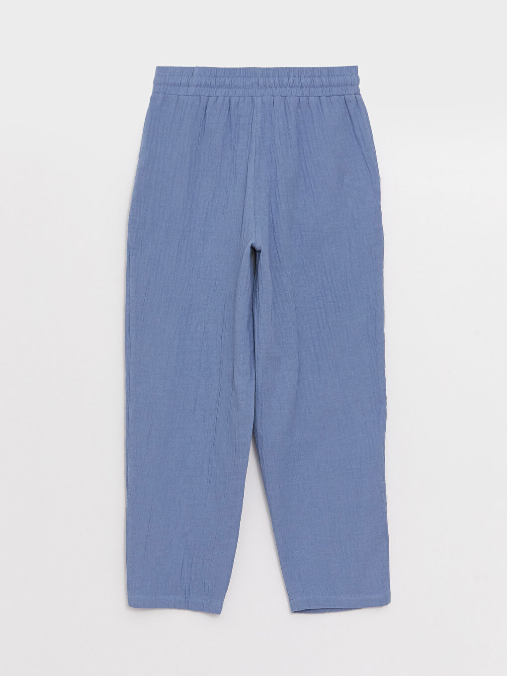 Mavi Beli Lastikli Rahat Kalıp Müslin Kadın Pantolon-6