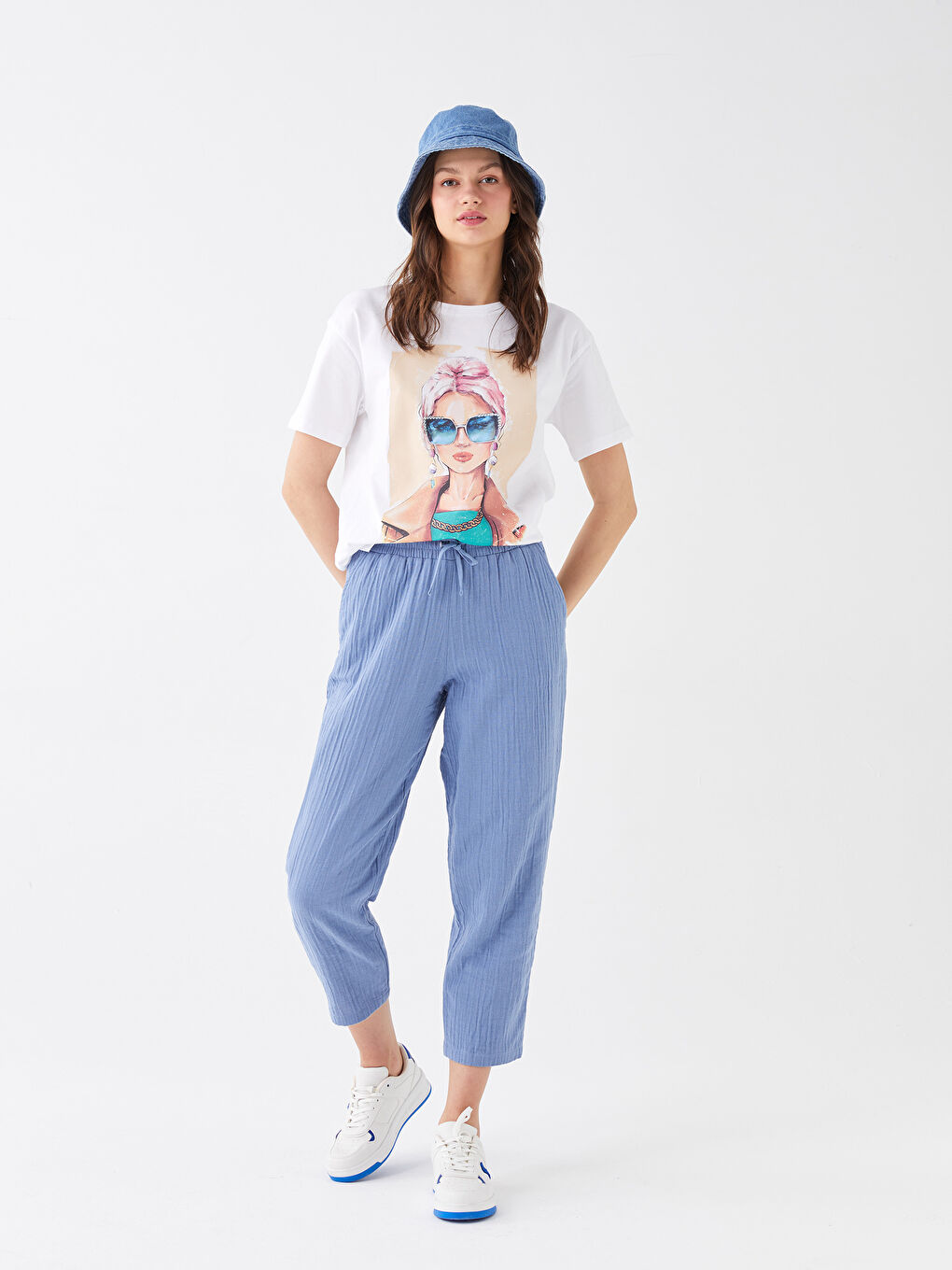 Mavi Beli Lastikli Rahat Kalıp Müslin Kadın Pantolon