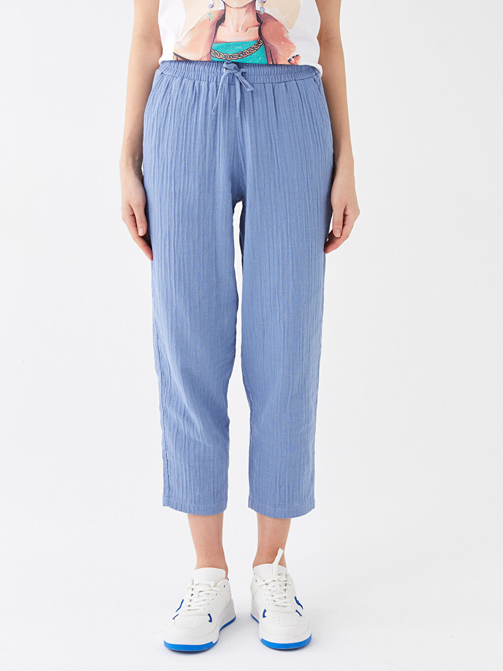 Mavi Beli Lastikli Rahat Kalıp Müslin Kadın Pantolon-3