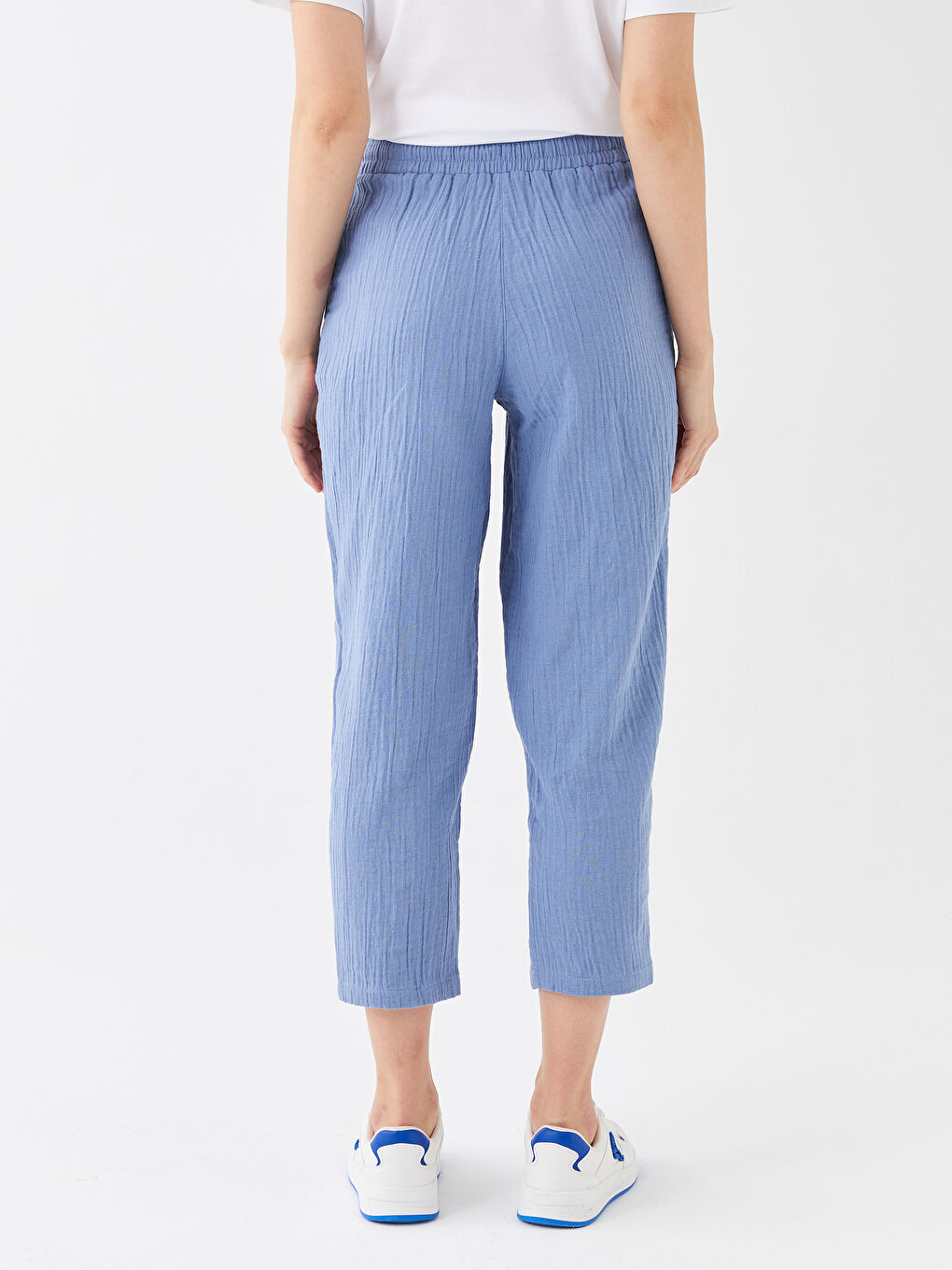 Mavi Beli Lastikli Rahat Kalıp Müslin Kadın Pantolon-4