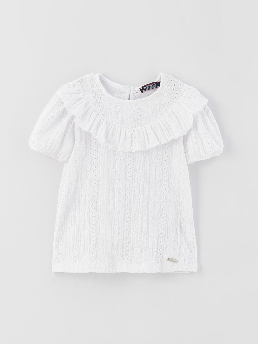 Beyaz Bisiklet Yaka Fisto Detaylı Kısa Kollu Kız Çocuk Bluz