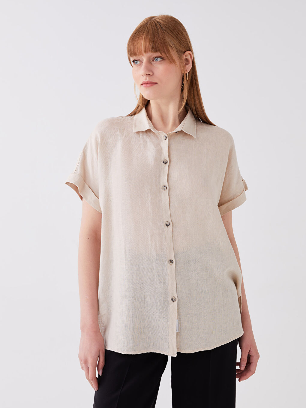 قميص بوبلين أوفراسايز سادة كم قصير للسيدات