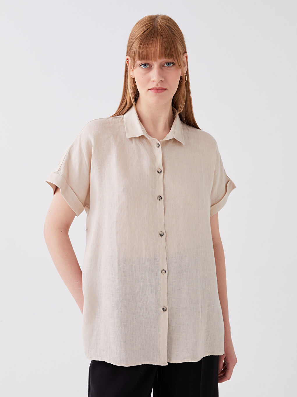 قميص بوبلين أوفراسايز سادة كم قصير للسيدات-1