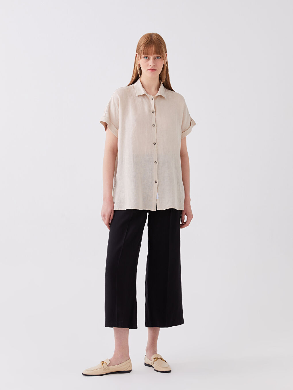 قميص بوبلين أوفراسايز سادة كم قصير للسيدات-2