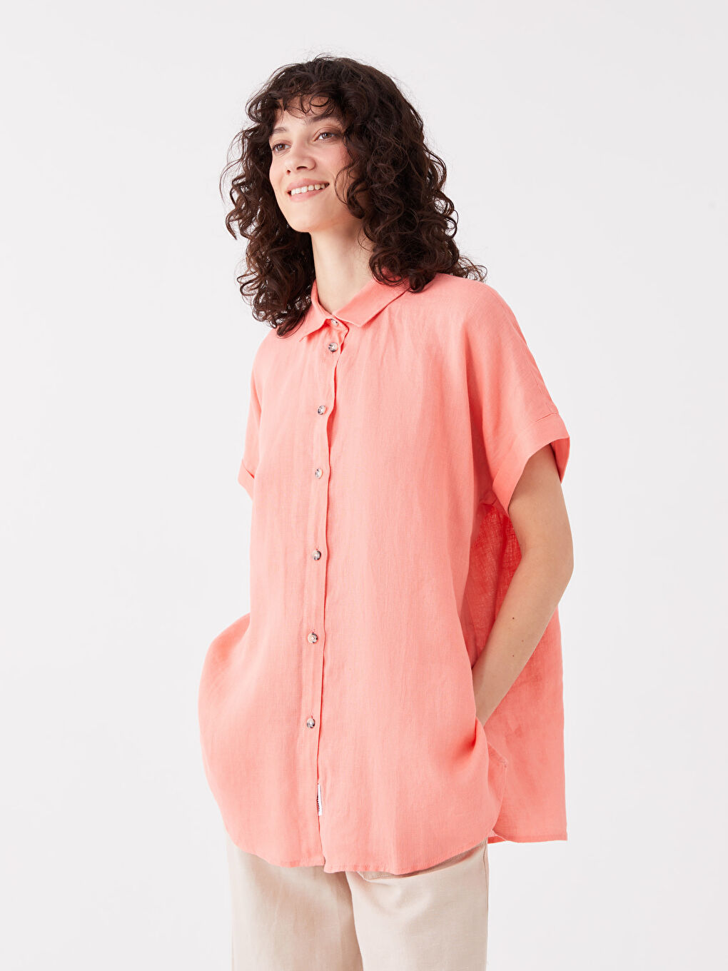 قميص بوبلين أوفراسايز سادة كم قصير للسيدات-1