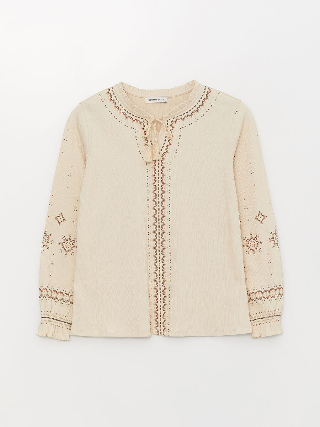 Bej Bağlamalı Yaka Nakışlı Uzun Kollu Kadın Bluz-5