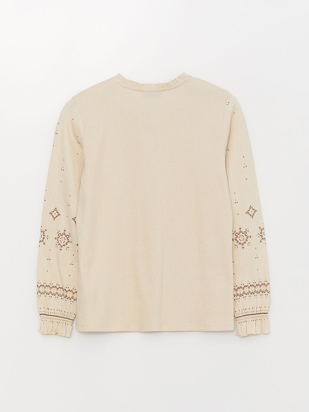 Bej Bağlamalı Yaka Nakışlı Uzun Kollu Kadın Bluz-6