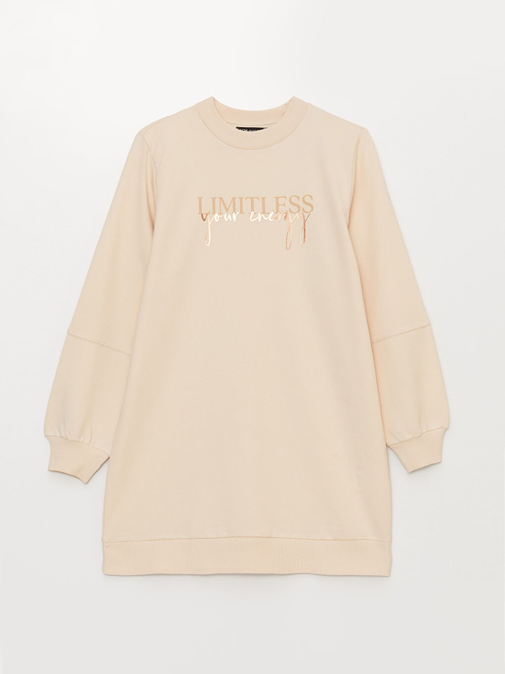 Ekru Bisiklet Yaka Baskılı Uzun Kollu Kadın Sweatshirt Tunik-5