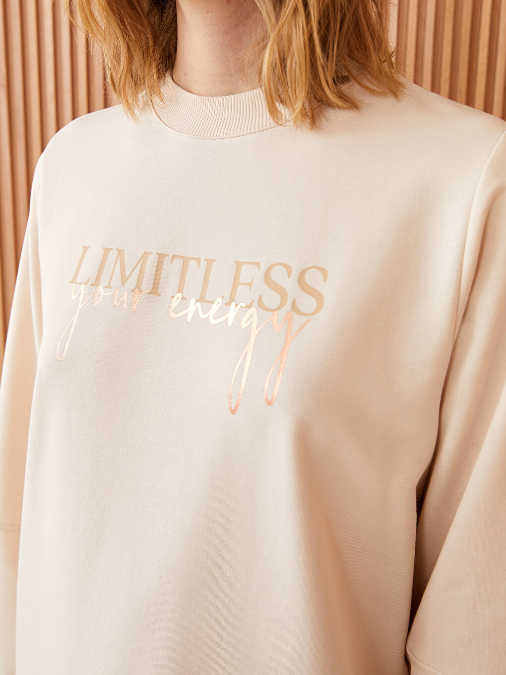 Ekru Bisiklet Yaka Baskılı Uzun Kollu Kadın Sweatshirt Tunik-3