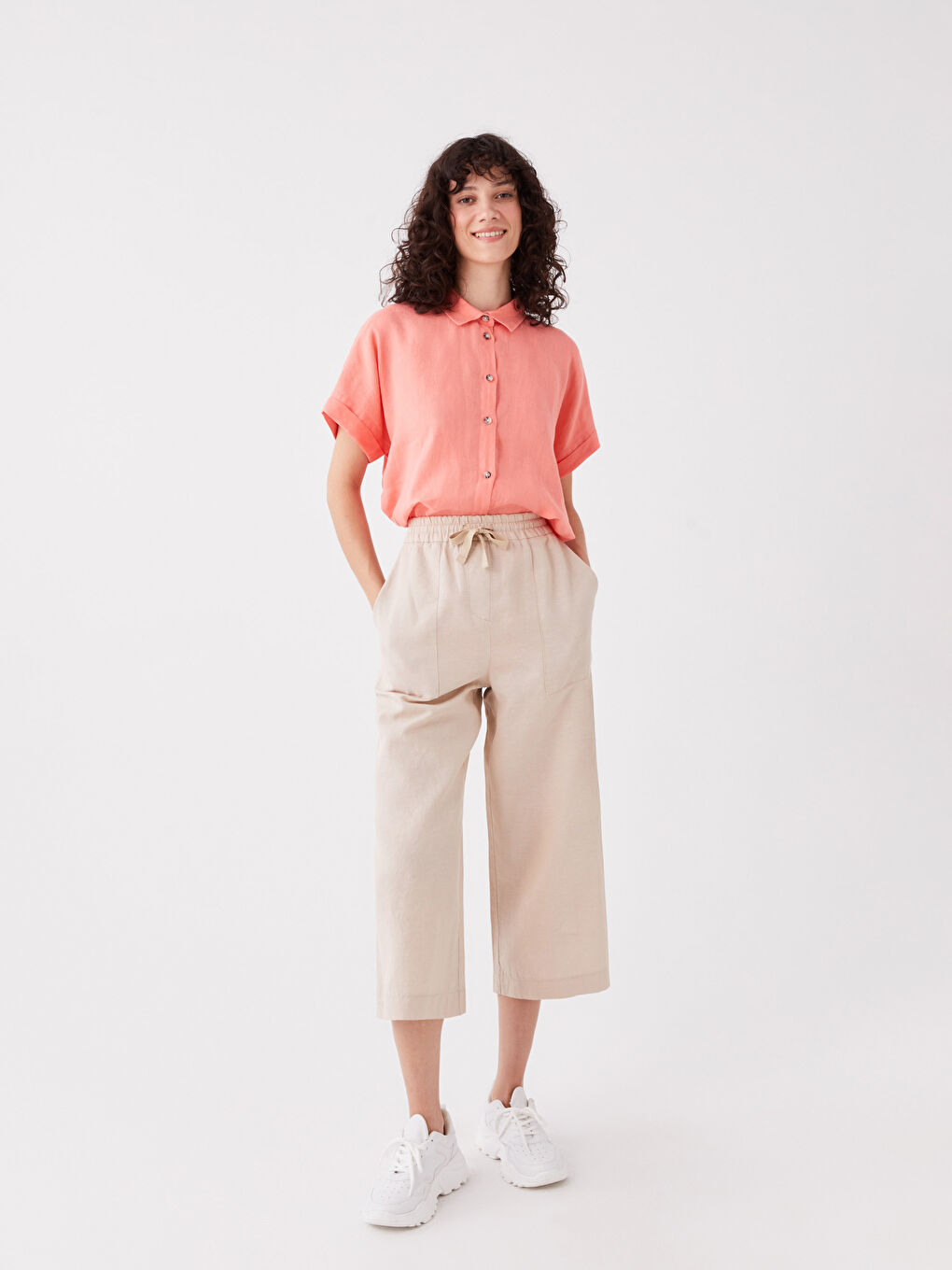 Bej Beli Lastikli Düz Keten Karışımlı Kadın Pantolon