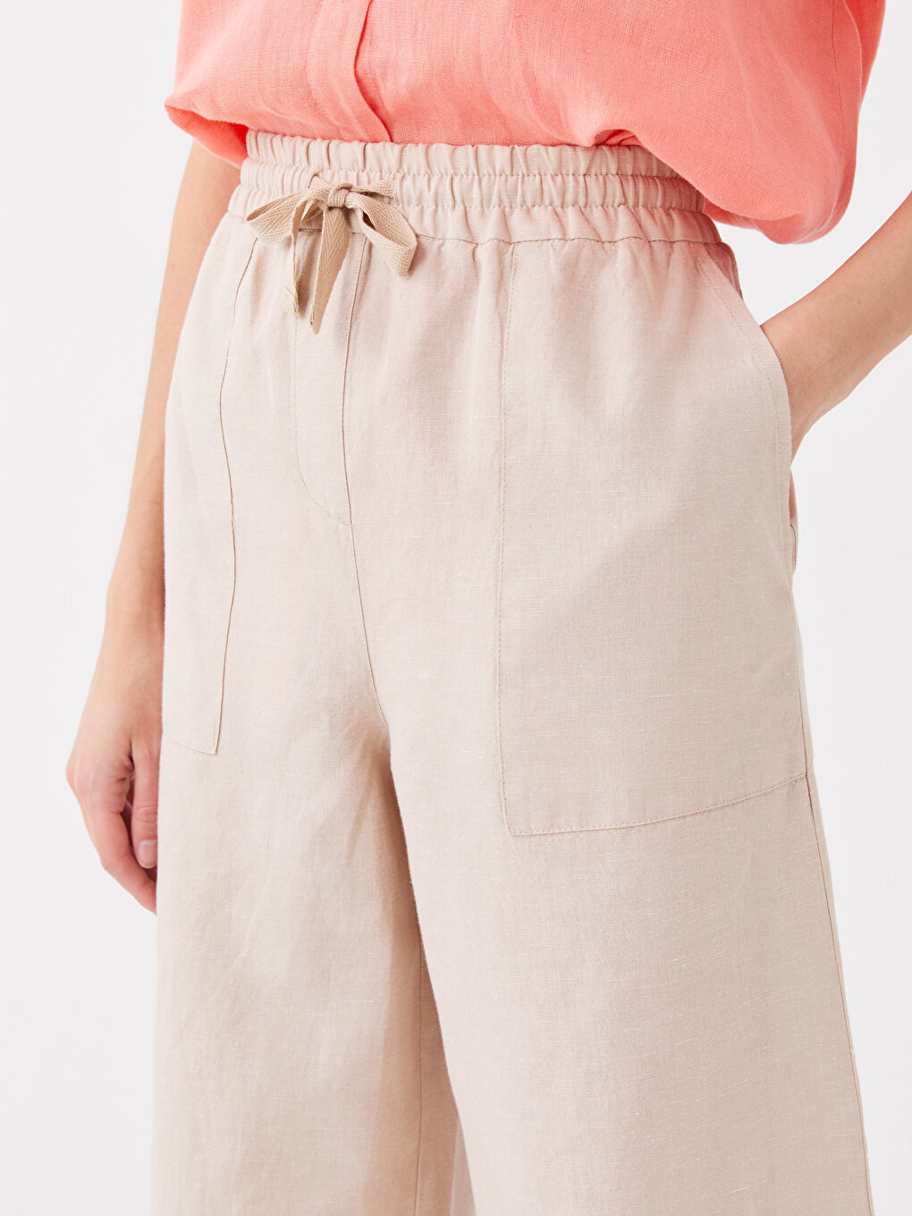 Bej Beli Lastikli Düz Keten Karışımlı Kadın Pantolon-1