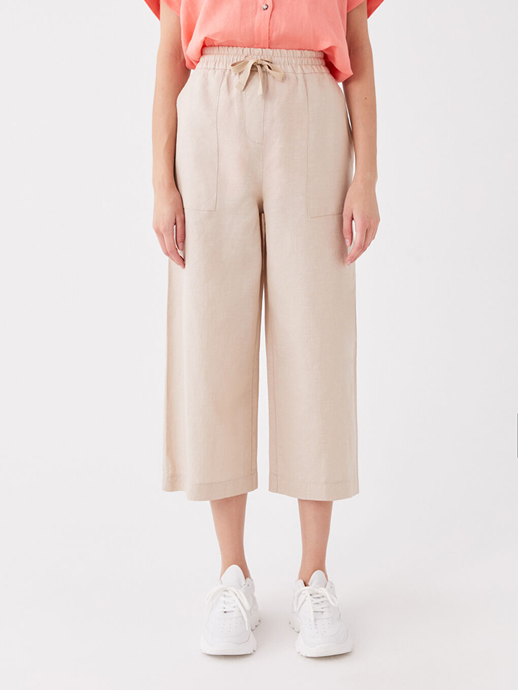 Bej Beli Lastikli Düz Keten Karışımlı Kadın Pantolon-2
