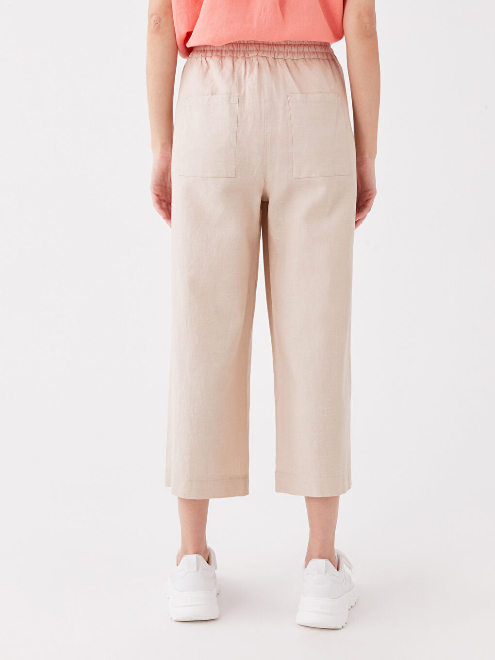 Bej Beli Lastikli Düz Keten Karışımlı Kadın Pantolon-3