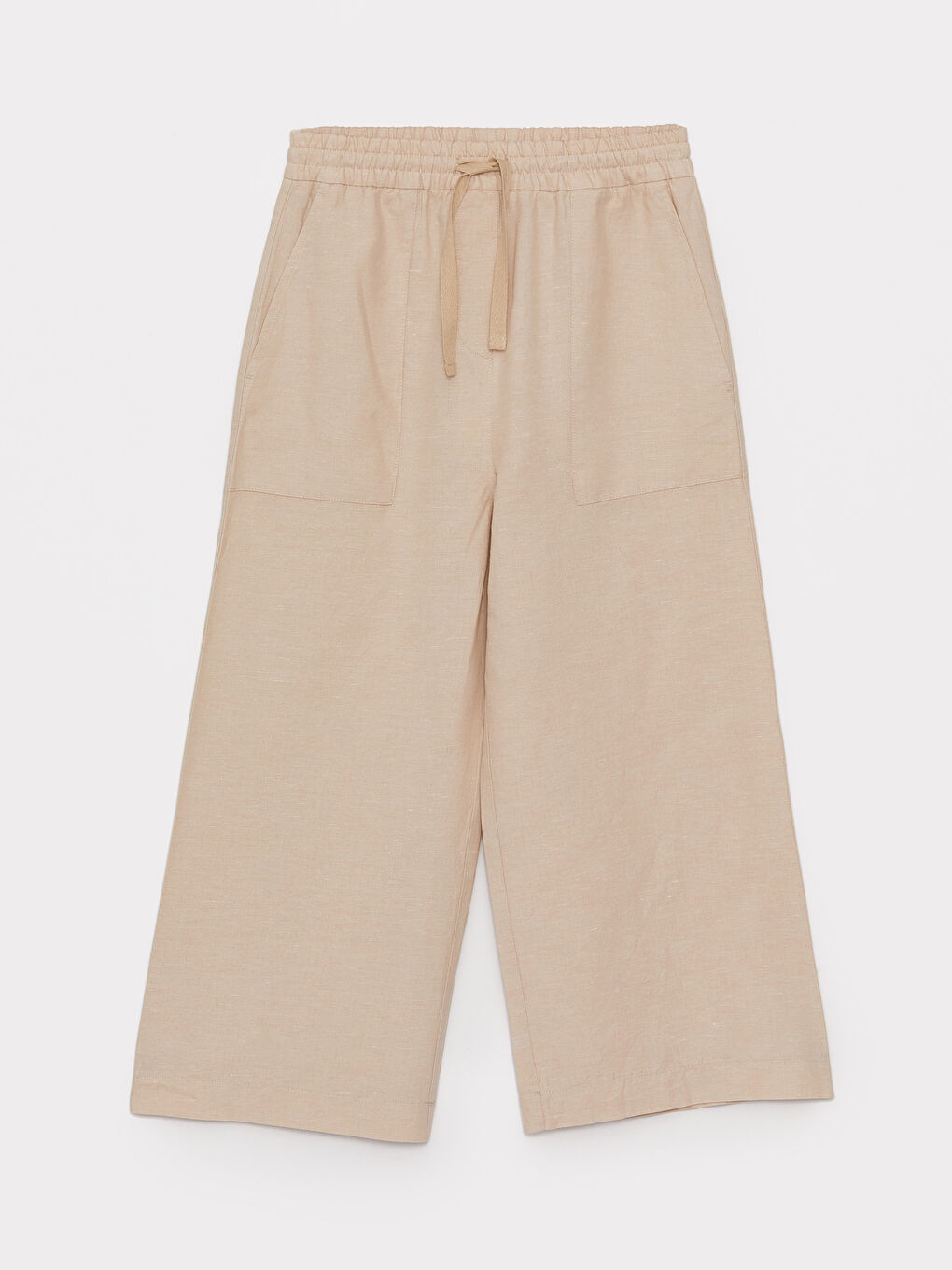 Bej Beli Lastikli Düz Keten Karışımlı Kadın Pantolon-4