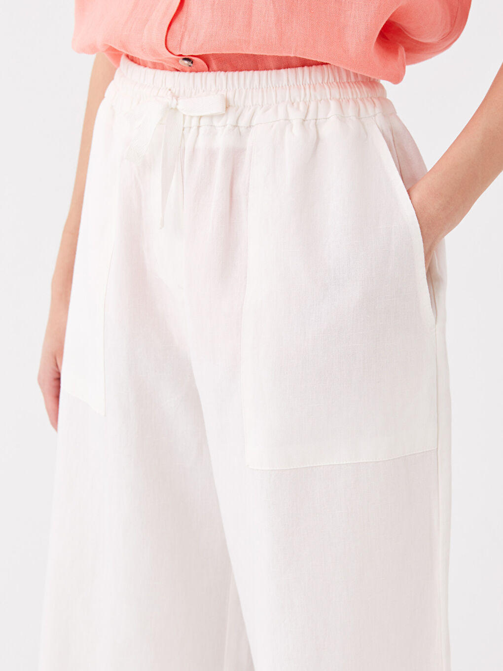Beyaz Beli Lastikli Düz Keten Karışımlı Kadın Pantolon-1