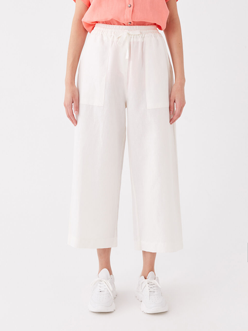 Beyaz Beli Lastikli Düz Keten Karışımlı Kadın Pantolon-2