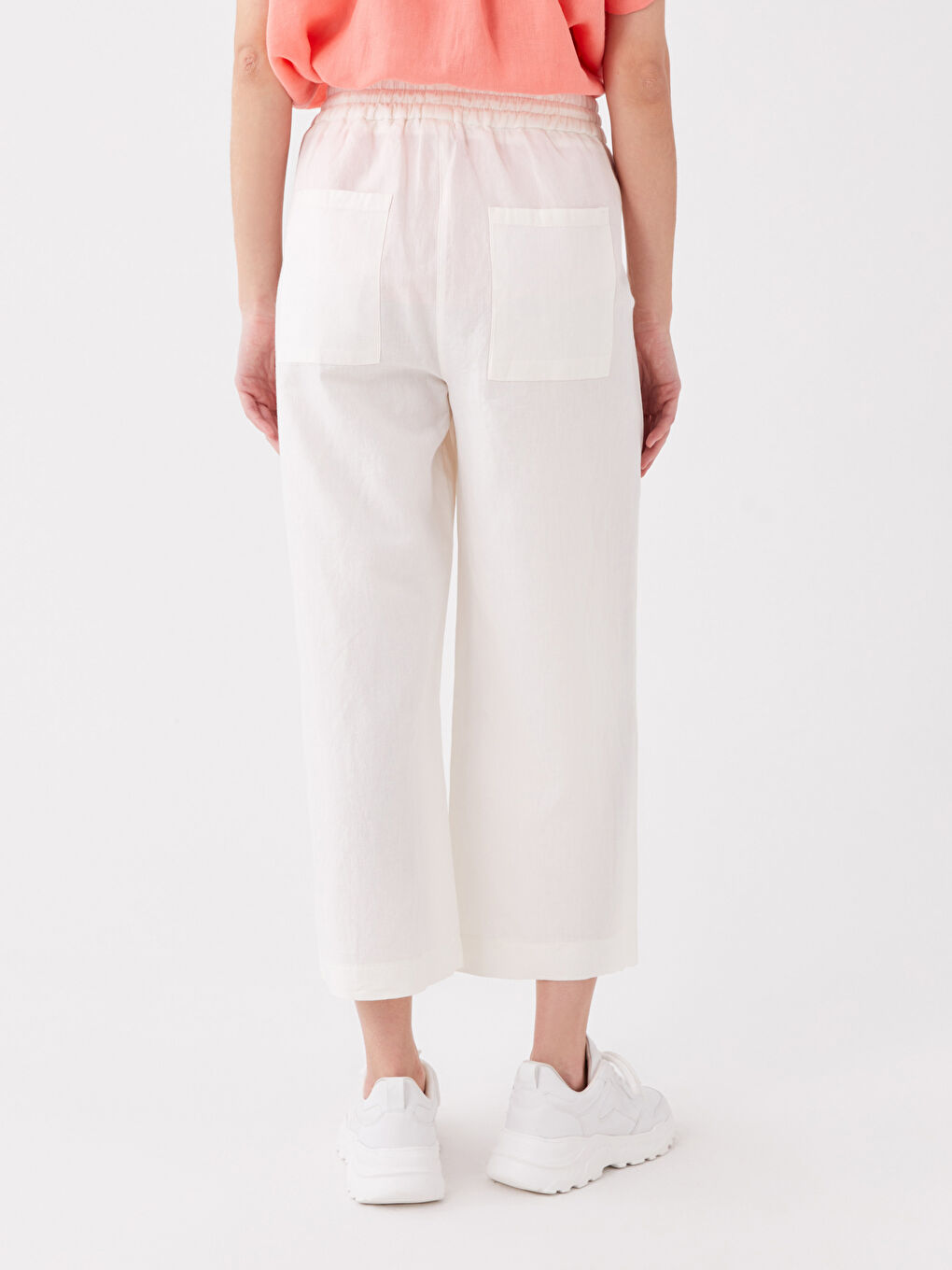 Beyaz Beli Lastikli Düz Keten Karışımlı Kadın Pantolon-3