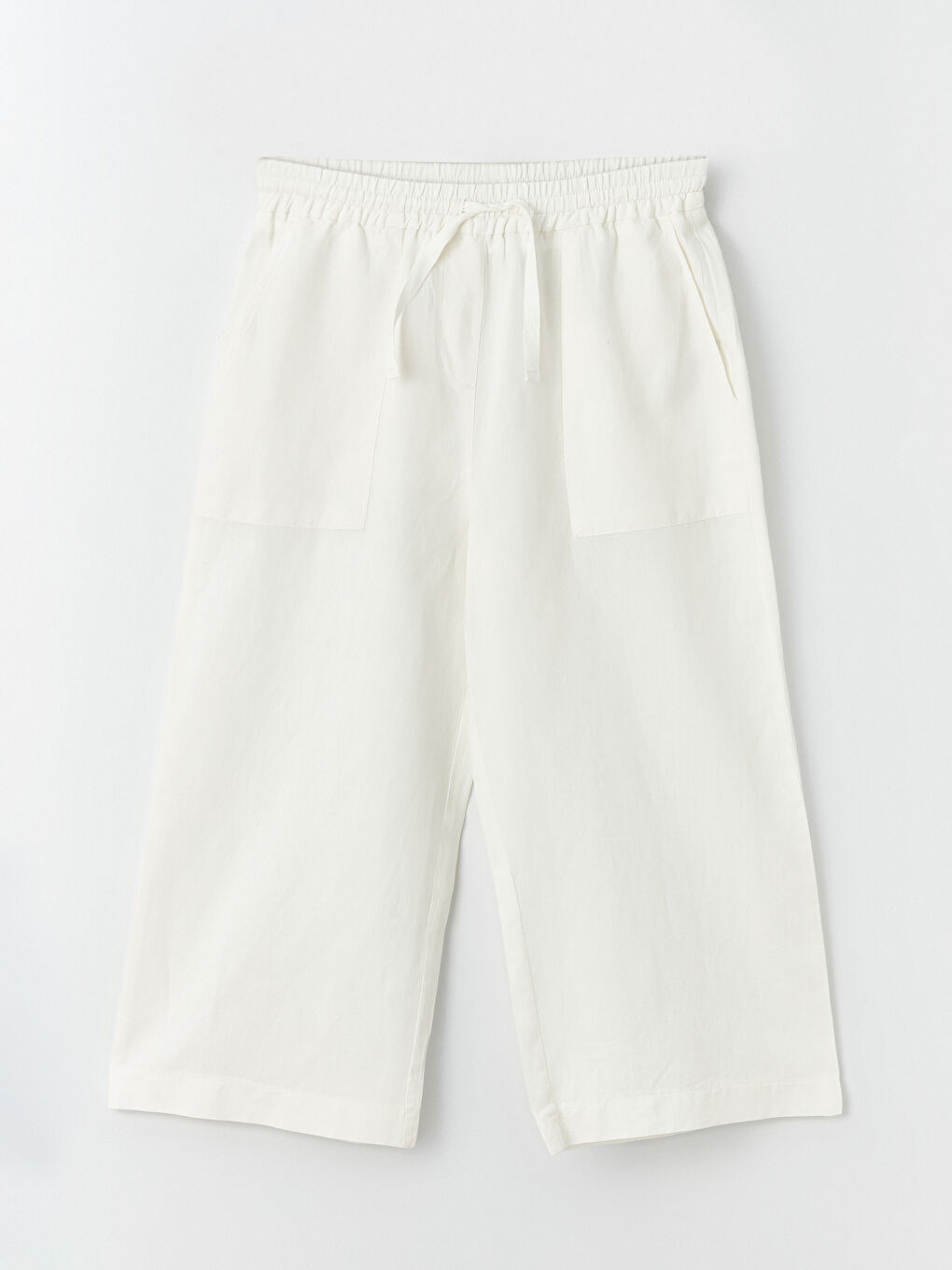 Beyaz Beli Lastikli Düz Keten Karışımlı Kadın Pantolon-4