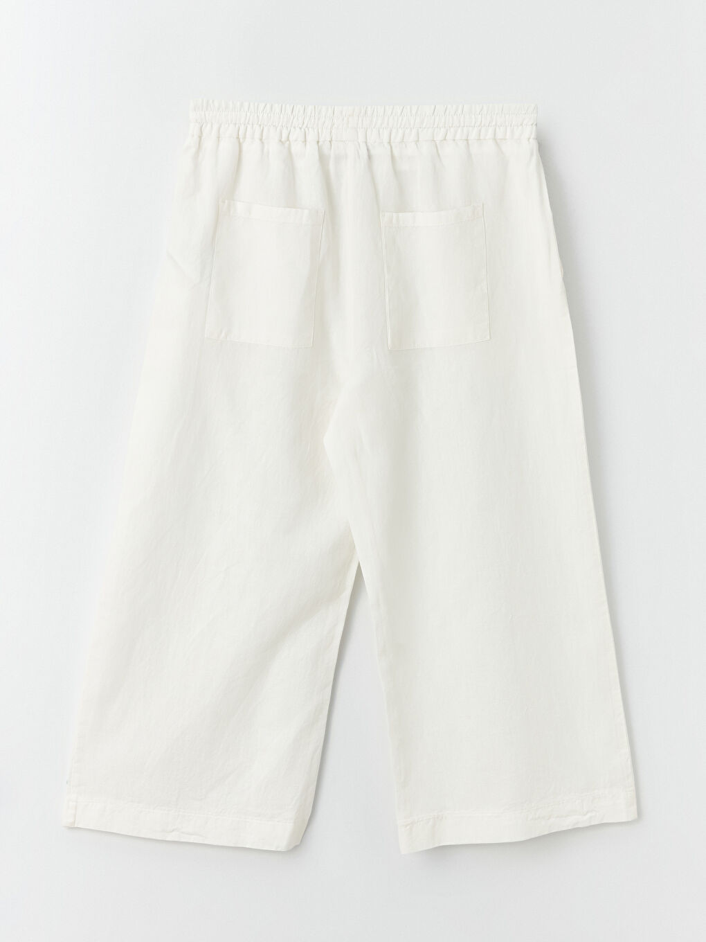 Beyaz Beli Lastikli Düz Keten Karışımlı Kadın Pantolon-5