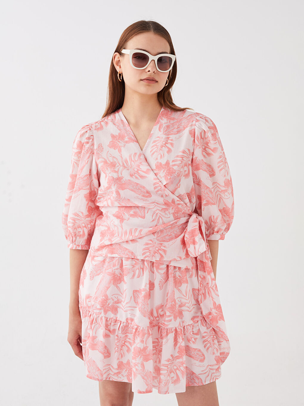 Patterned Poplin Women's Blouse with Wrap Neck-1