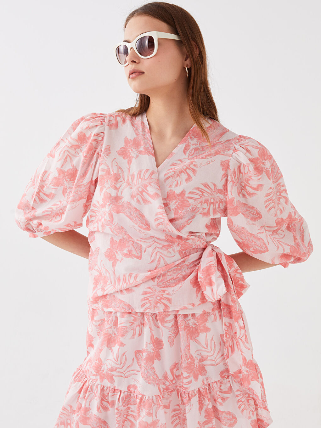 Patterned Poplin Women's Blouse with Wrap Neck-2