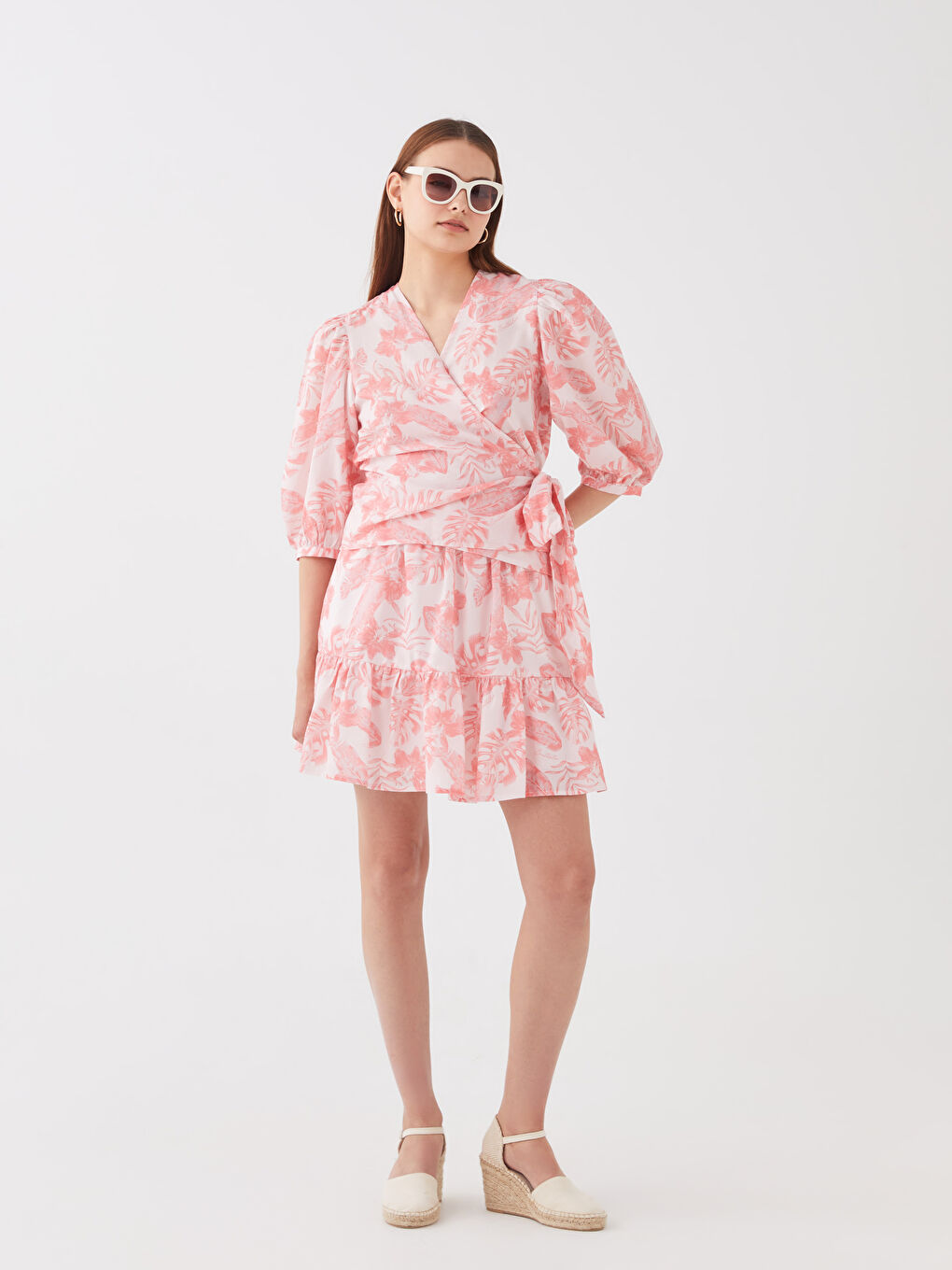 Patterned Poplin Women's Blouse with Wrap Neck-3