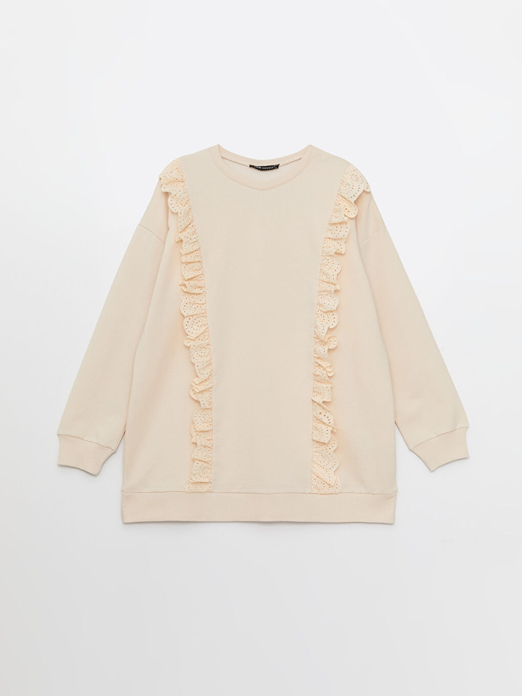 Ekru Bisiklet Yaka Fırfır Detaylı Uzun Kollu Oversize Kadın Sweatshirt Tunik-5