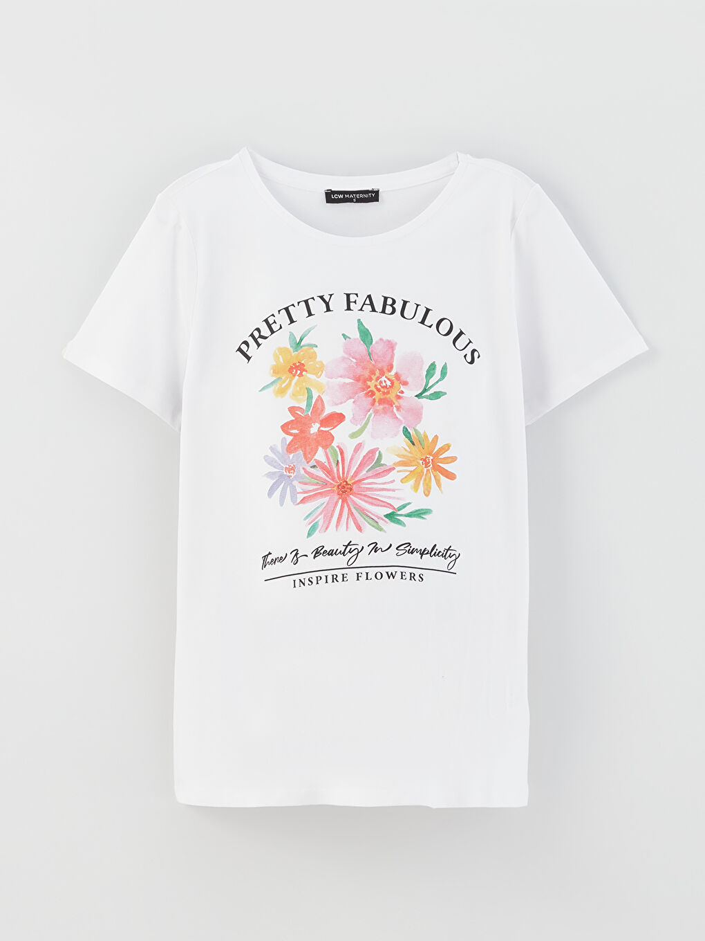 Beyaz Bisiklet Yaka Baskılı Kısa Kollu Hamile Tişört-5