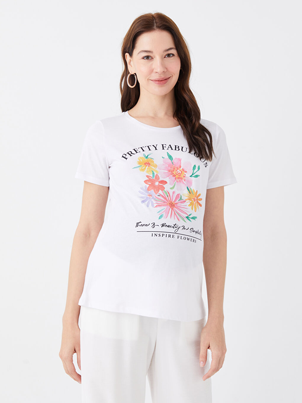 Beyaz Bisiklet Yaka Baskılı Kısa Kollu Hamile Tişört-2