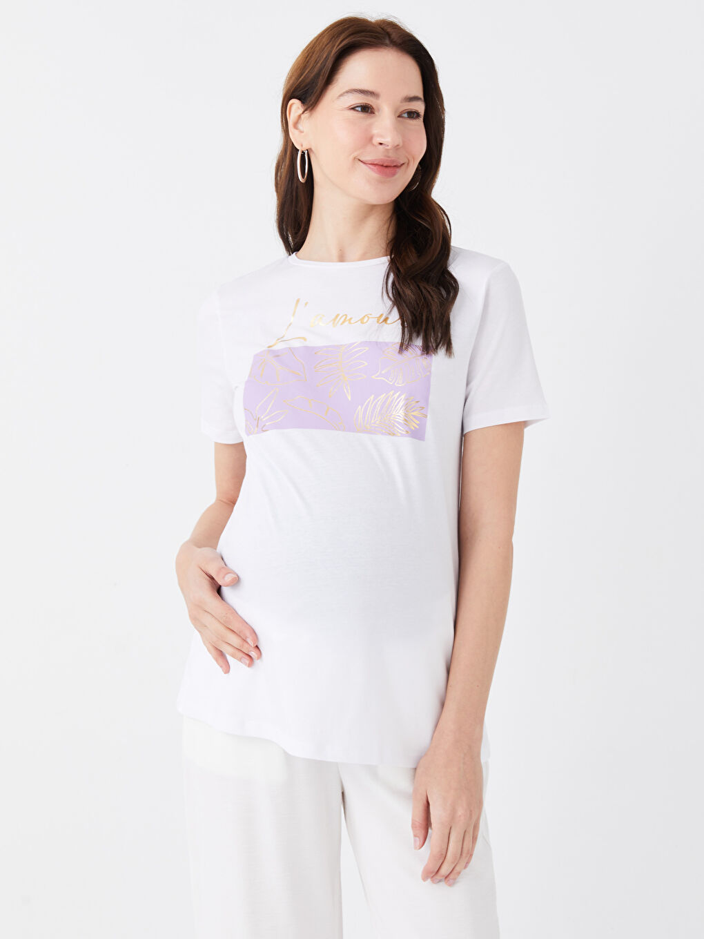 Crew Neck Printed Short Sleeve Maternity T-shirt -S3FO22Z8-E5X