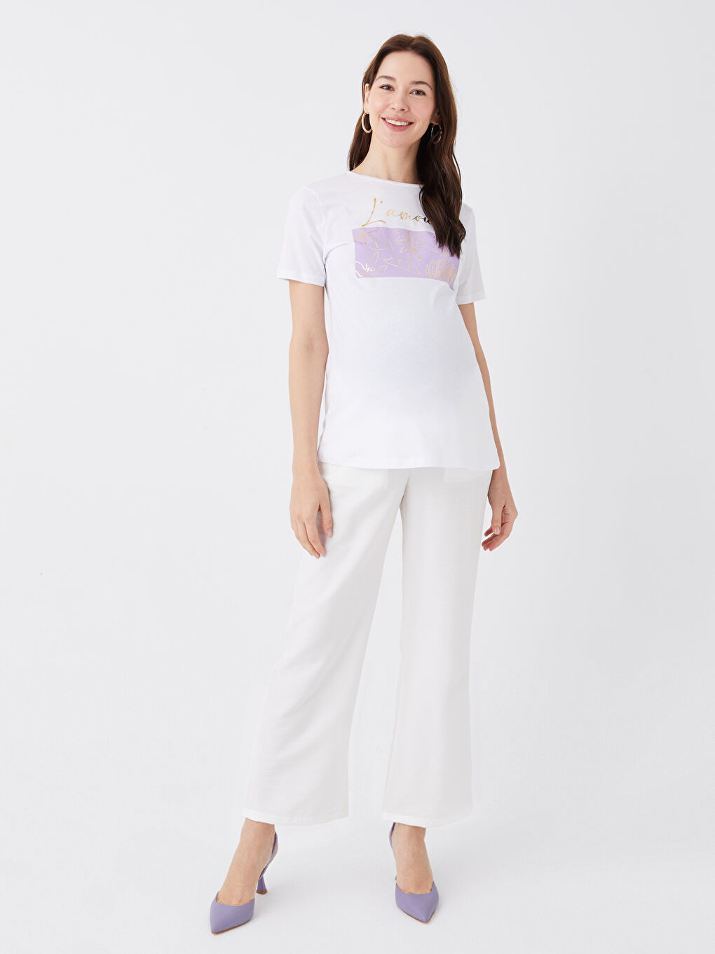 Crew Neck Printed Short Sleeve Maternity T-shirt -S3FO22Z8-E5X
