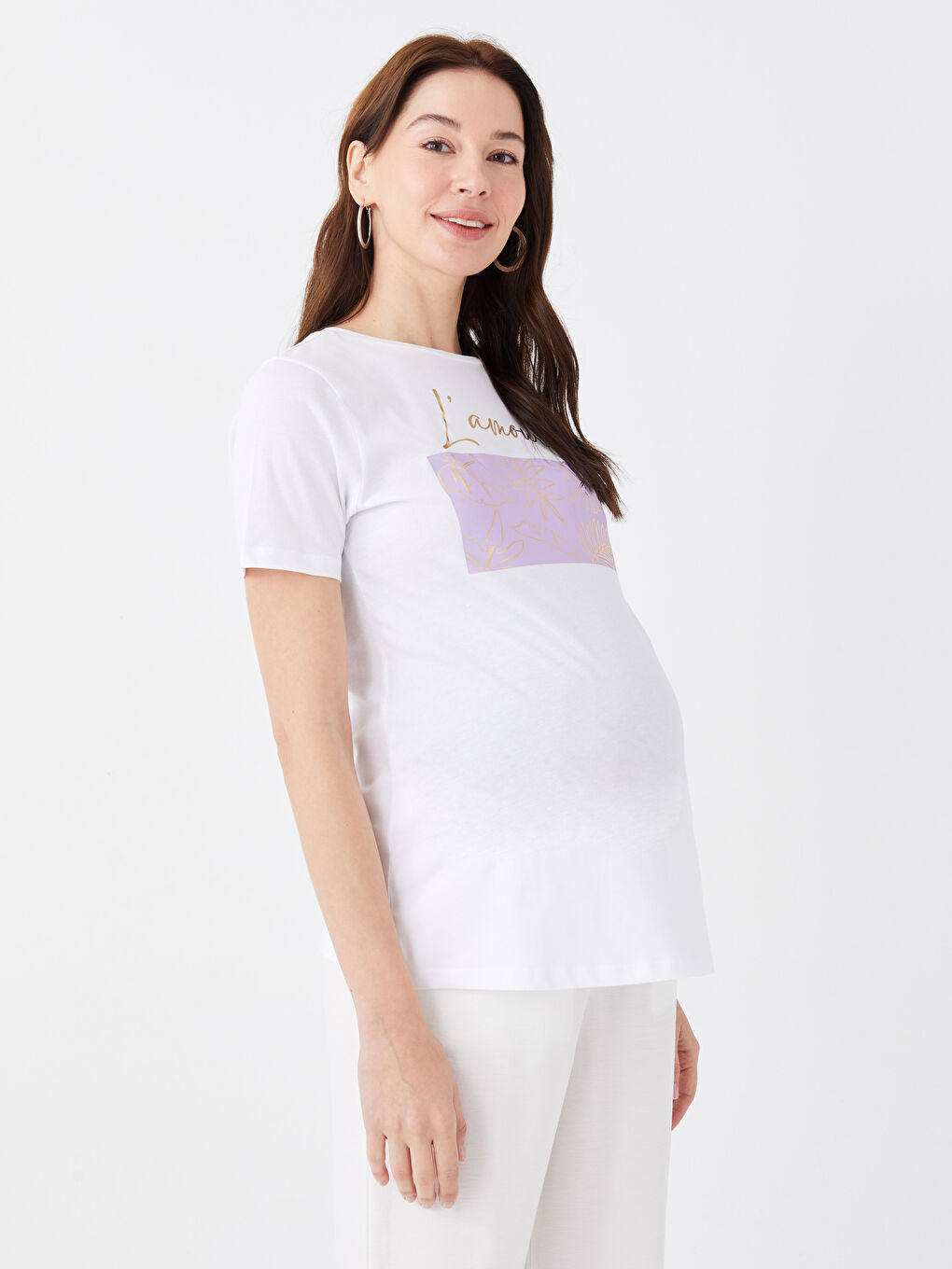 Crew Neck Printed Short Sleeve Maternity T-shirt -S3FO22Z8-E5X