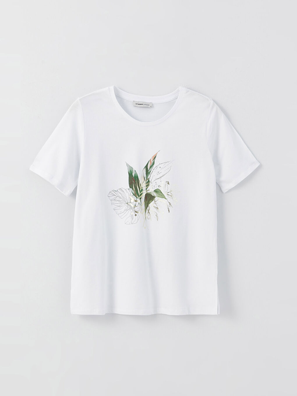 Beyaz Bisiklet Yaka Baskılı Kısa Kollu Kadın Tişört-5