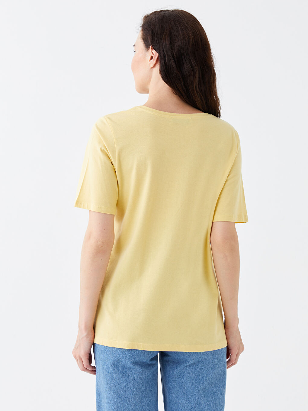 Sarı Bisiklet Yaka Baskılı Kısa Kollu Kadın Tişört-3