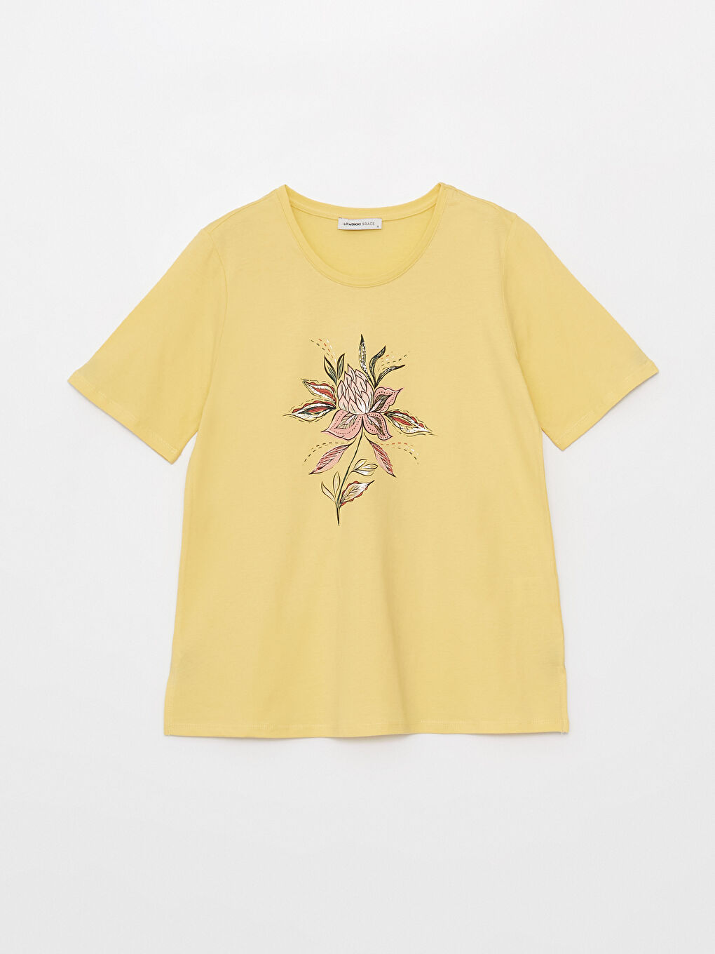 Sarı Bisiklet Yaka Baskılı Kısa Kollu Kadın Tişört-5