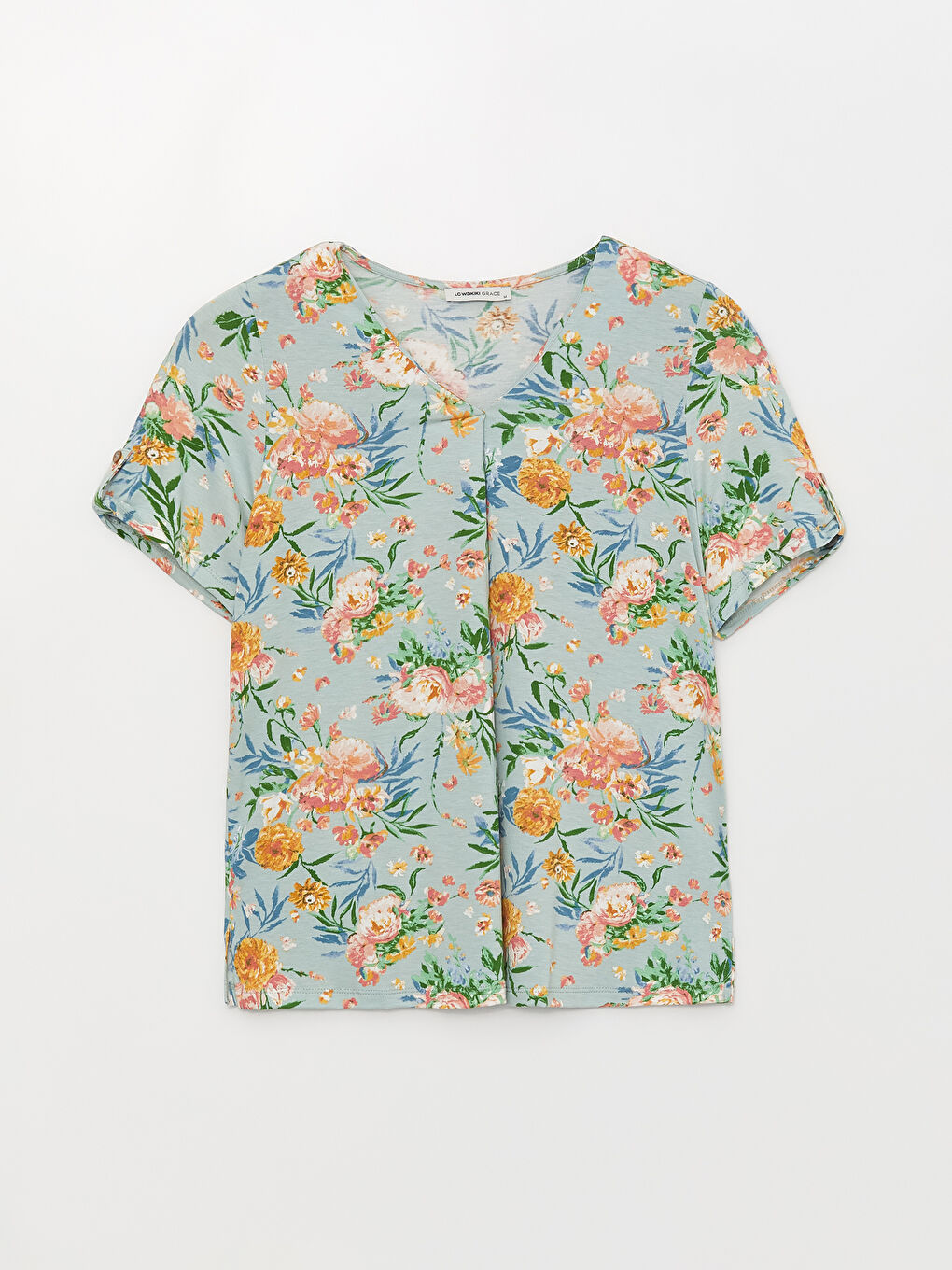 Yeşil V Yaka Çiçekli Kısa Kollu Kadın Tişört-5