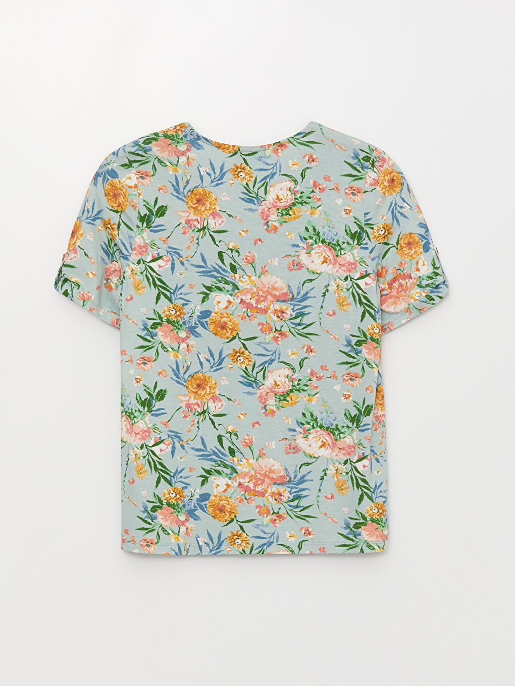 Yeşil V Yaka Çiçekli Kısa Kollu Kadın Tişört-6