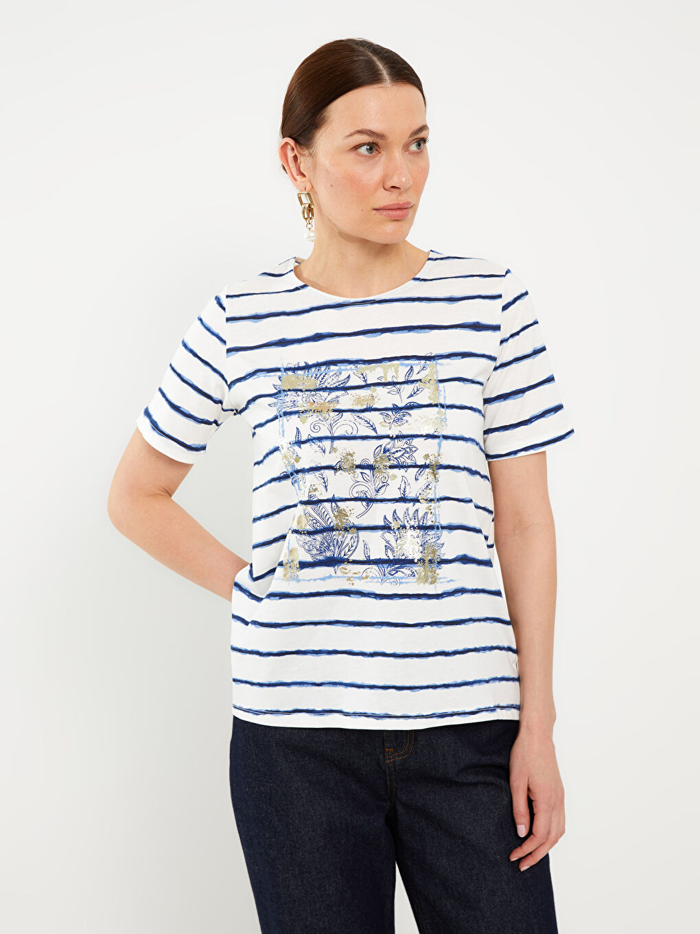 Lacivert Bisiklet Yaka Çizgili Kısa Kollu Kadın Bluz
