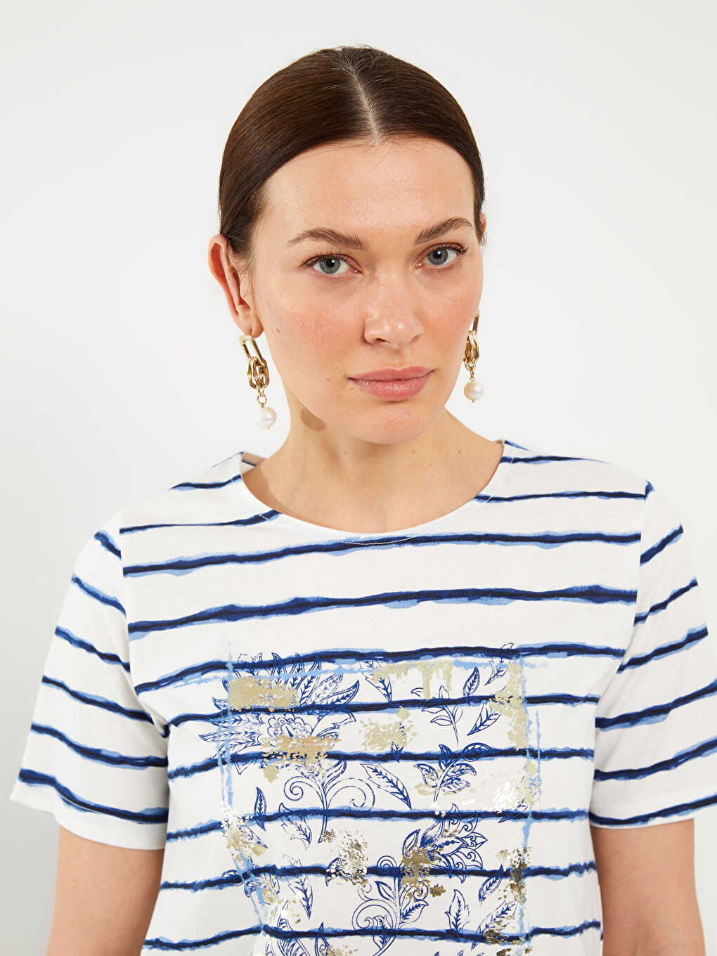 Lacivert Bisiklet Yaka Çizgili Kısa Kollu Kadın Bluz-2