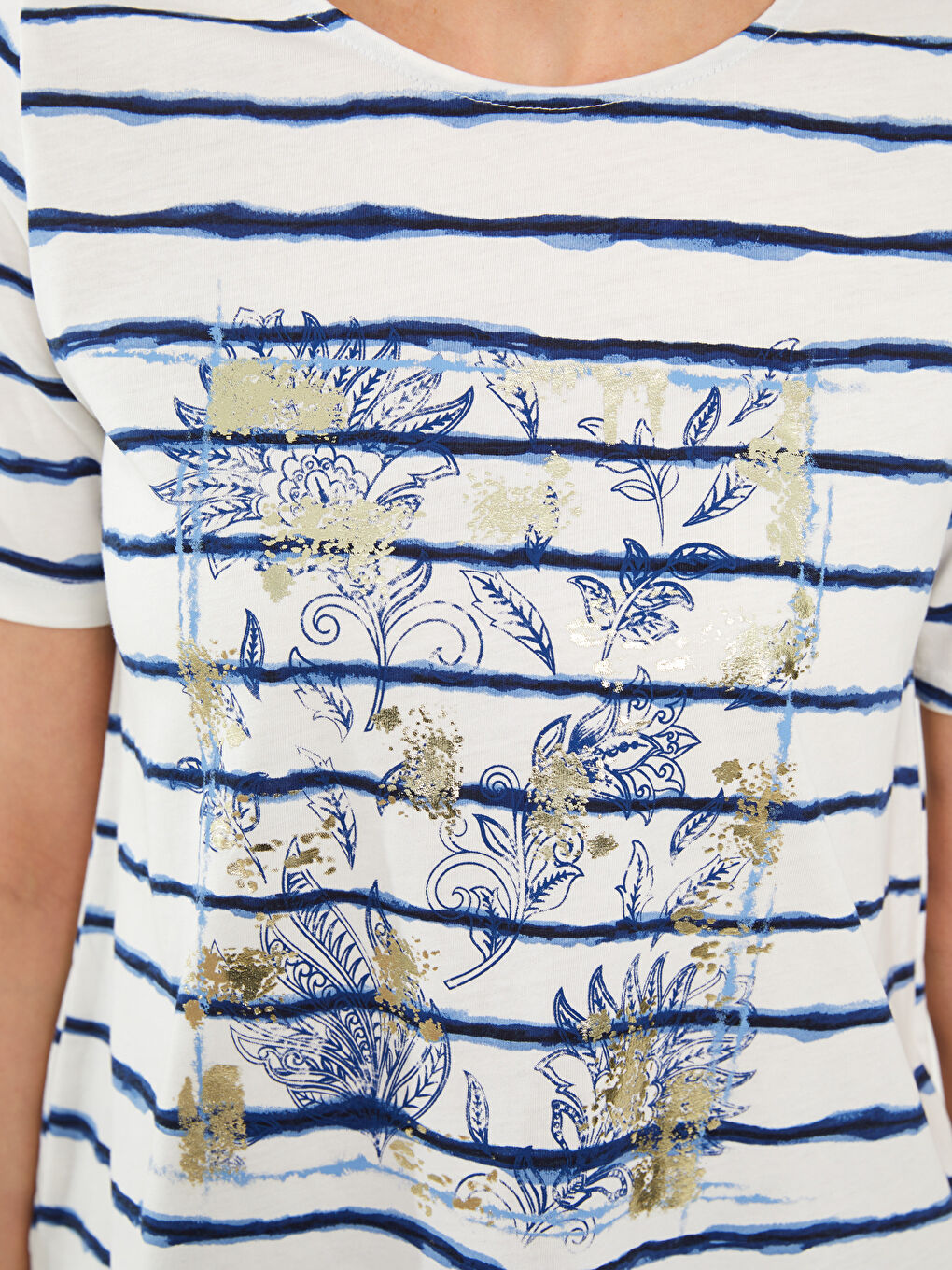 Lacivert Bisiklet Yaka Çizgili Kısa Kollu Kadın Bluz-3