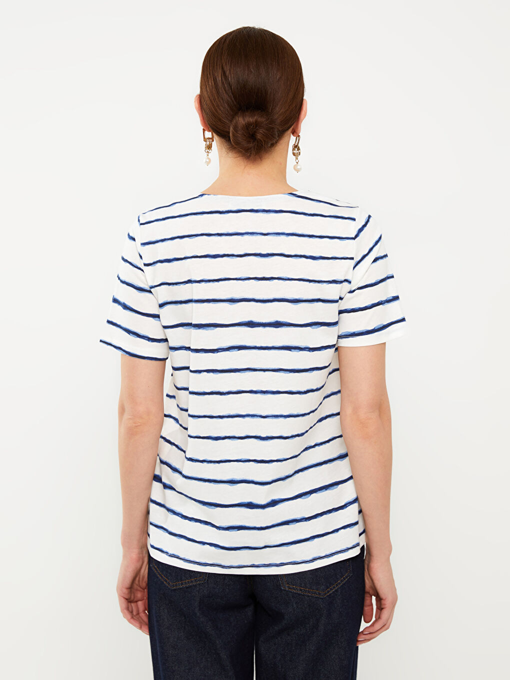 Lacivert Bisiklet Yaka Çizgili Kısa Kollu Kadın Bluz-4