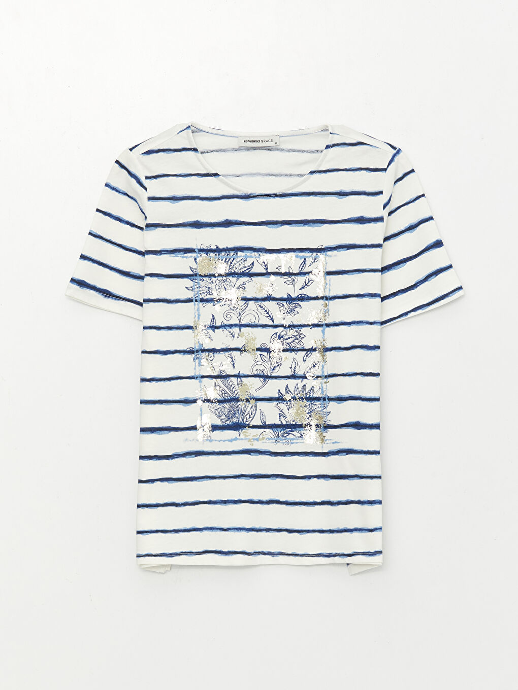 Lacivert Bisiklet Yaka Çizgili Kısa Kollu Kadın Bluz-5