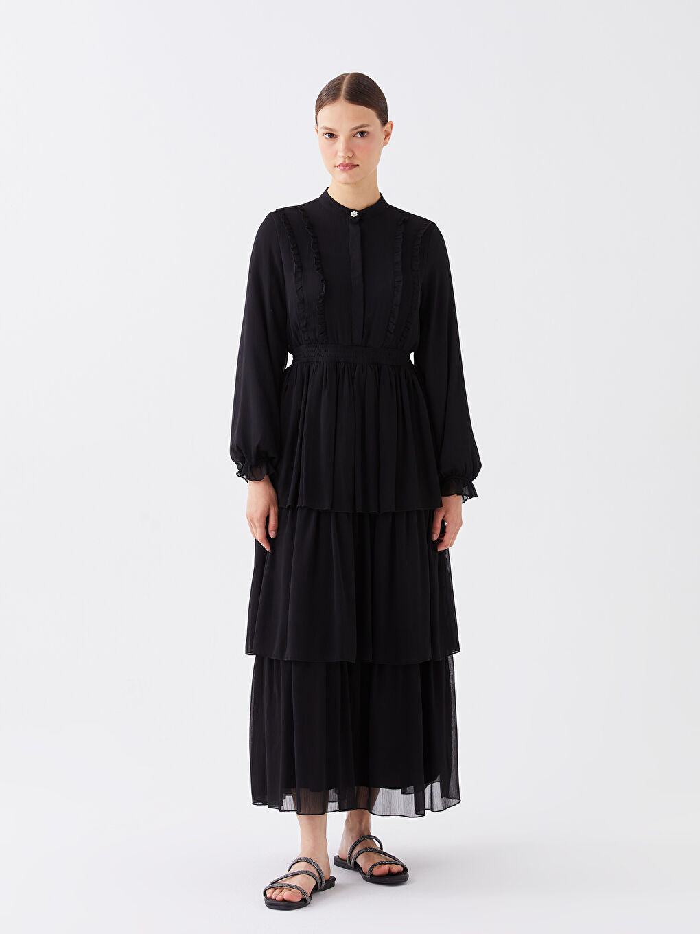 Siyah Hakim Yaka Düz Uzun Kollu Kadın Elbise