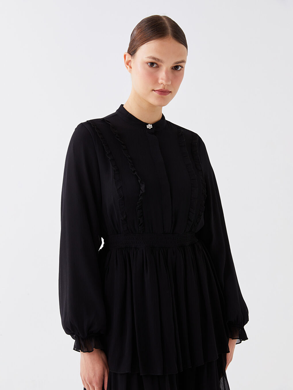 Siyah Hakim Yaka Düz Uzun Kollu Kadın Elbise-2