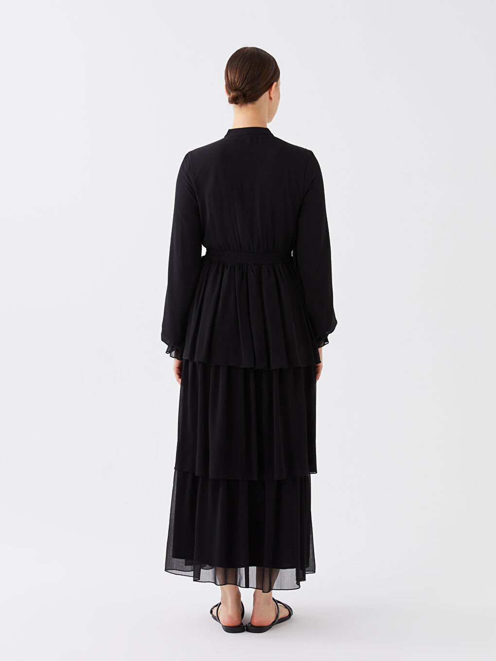 Siyah Hakim Yaka Düz Uzun Kollu Kadın Elbise-4